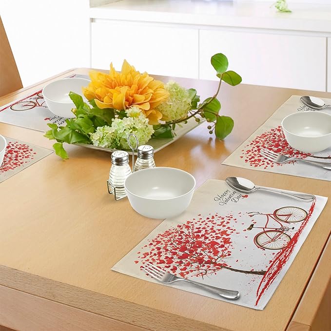 Ambesonne Valentines Day Place Mats Set of 8, Romantic Tree with Blooming Hearts with Bike and Petals Vintage Art, Washable Fabric Placemats for Dining Table, Placemat 8 pcs, Cream Vermilion