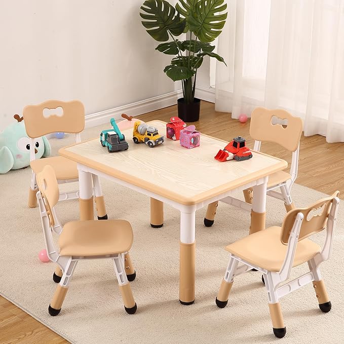 Kids Table and Chairs Set, Height Adjustable Desk With 4 Seats for Ages 2-10,Arts & Crafts Table,Graffiti Desktop, Non-Slip Legs, Max 300lbs, Children Multi-Activity Table for Classrooms,Daycares,Home