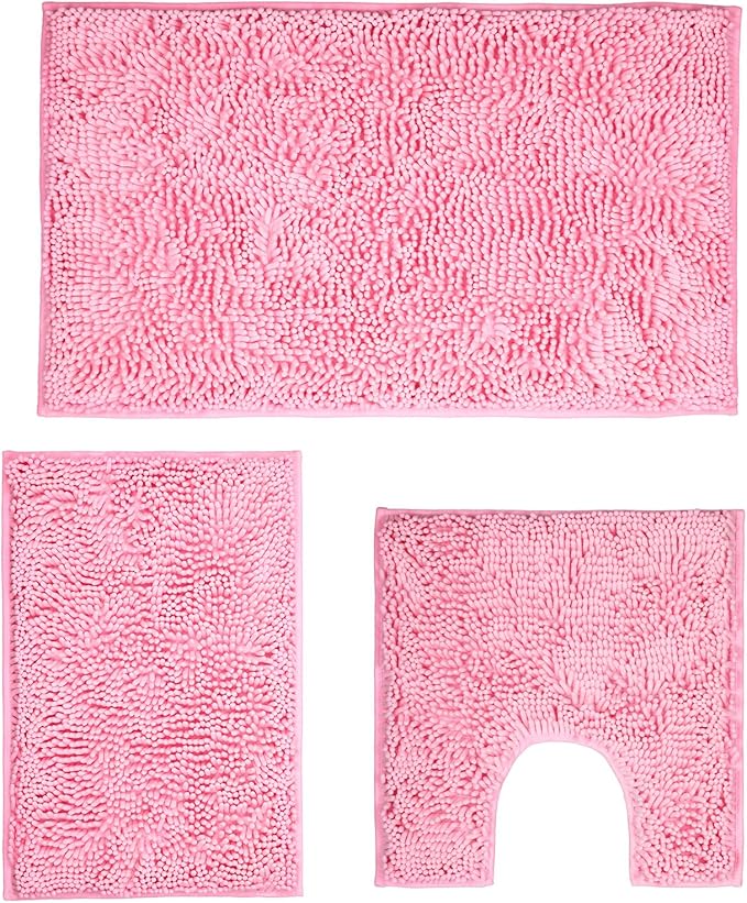 Pink Bathroom Rugs Sets 3 Piece Washable, Luxury ,Chenille Bath Mat Set, Soft Plush Anti-Slip Rectangular Bath, Rug Super Absorbent.3 Pieces Bathroom (Pink, 32"x20"+24"x16"+U Shape 20"x20")
