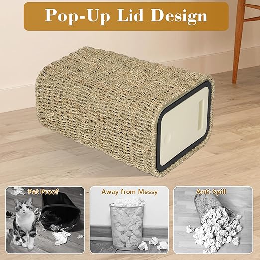 Boho Trash Can with Lid,3 Gallon Small Rattan Trash Can with Press Top Lid,Slim Wicker Waste Basket and Hamper 2 in 1 for Bathroom,Seagrass Woven Garbage Can Trash Basket for Bathroom,Kitchen