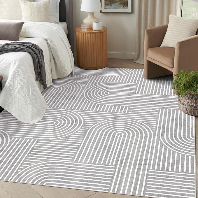 6x9 Area Rug - Large Abstract Washable Non-Slip Grey Stain Resistant Living Room Rug Rainbow Low-Pile Floor Carpet Soft Modern Accent Rugs for Bedroom Dining Room Office Classroom Nursery