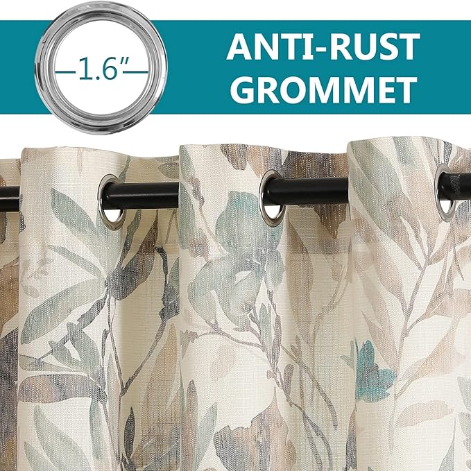 MYSKY HOME Floral Semi Sheer Curtains 108 Inches Long - Light Filtering Drapes for Living Room and Bathroom - Printing Window Treatment With Grommets, 2 Panels, Brown and Natural