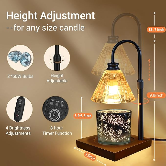 Candle Warmer Lamp with Timer, Compatible with Jar Candles, Dimmable & Height Adjustable Candle Lamp, Vintage Design – for Unique Christmas Gifts & Home Decor Aesthetic (Matte Black)