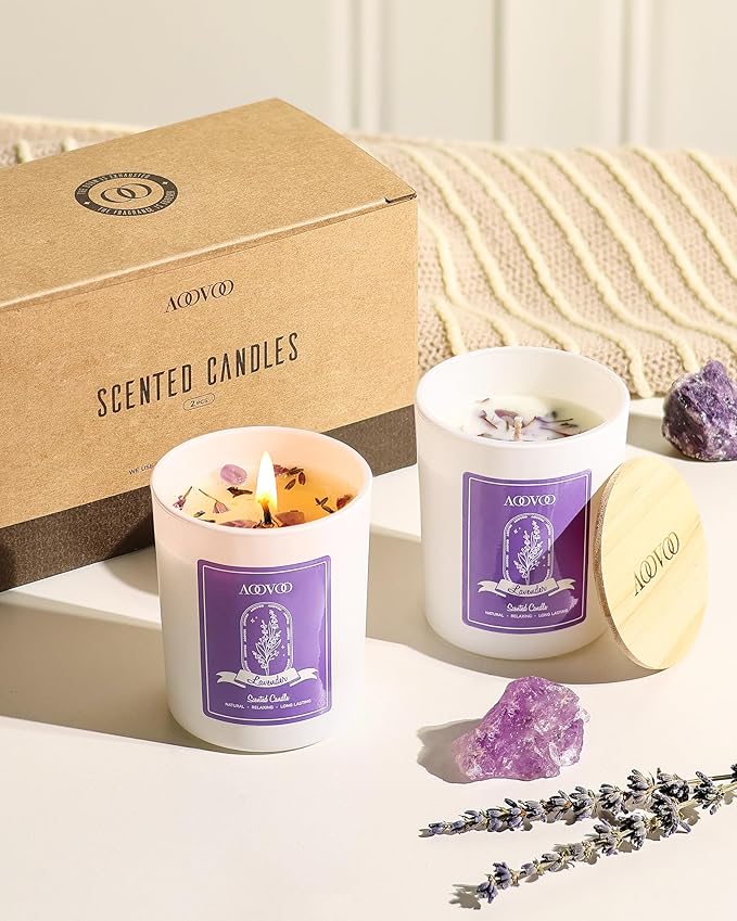 AOOVOO Lavender Scented Candle Set 2 Pack - Aromatherapy Candle with Crystals Inside, 14oz Soy Candles for Home Scented, Birthday Gifts Mothers Day Candle for Women Mom