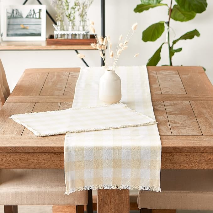 DII Heavyweight Fringed Check Tabletop Collection, Table Runner, 14x108, Natural