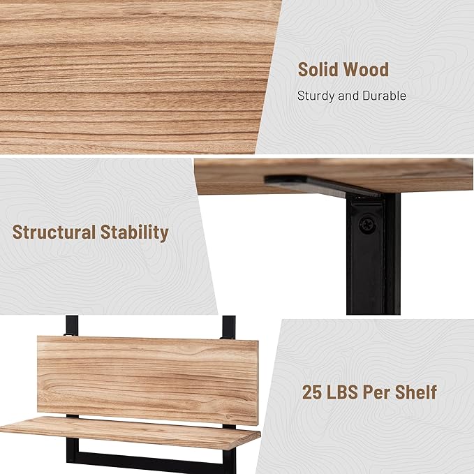 24-Inch Floating Shelves for Wall,3-Tier Wooden Wall Mounted Kitchen Shelves with Foldable Brackets,Hanging Wall Shelves for Living Room, Coffee Bar,Bedroom, Bathroom,Rustic Brown