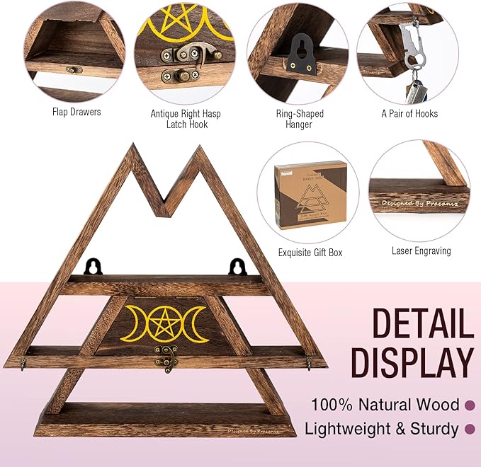 Pracaniz Crystal Shelf with Flap Drawer&Hooks for Wall&Desktop, Moon Shelf for Crystal Holder as Witchy Room Decor,Moon Phase Triangle Shelf,Boho Room Decor&Vintage Room Decor.