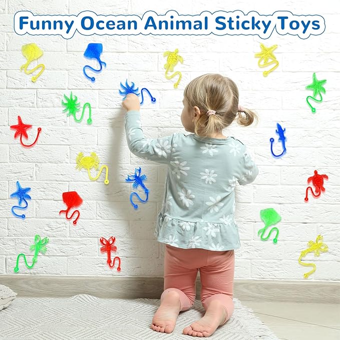 24PCS Ocean Animal Sticky Hands Toys for Kids, Rubbery Stretchy Sticky Goodie Bag Stuffers Toys for Party Favor Supplies, Colorful Sticky for Boys Girls Classroom Prizes