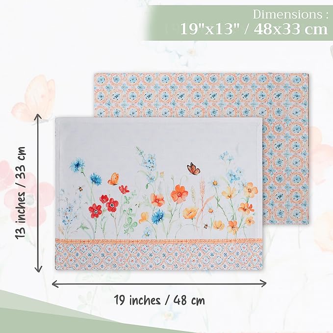 Maison d' Hermine Placemats Set of 4 100% Cotton Washable Cloth Place Mats, Reusable Table Mats for Kitchen Dining Decoration, Party, Wedding, Restaurant Spring/Summer (Summer Whisper, 13" x 19")