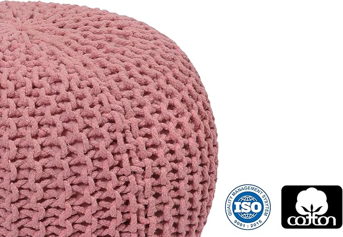 COTTON CRAFT Round Dori Pouf - Cotton Braid Cord Cable Knitted Ottoman - Foot Stool - Footrest - Floor Pouf - Woven Ottoman - Bean Bag - Living Room Dorm - 20 inches Diameter x 14 Height - Blush Pink