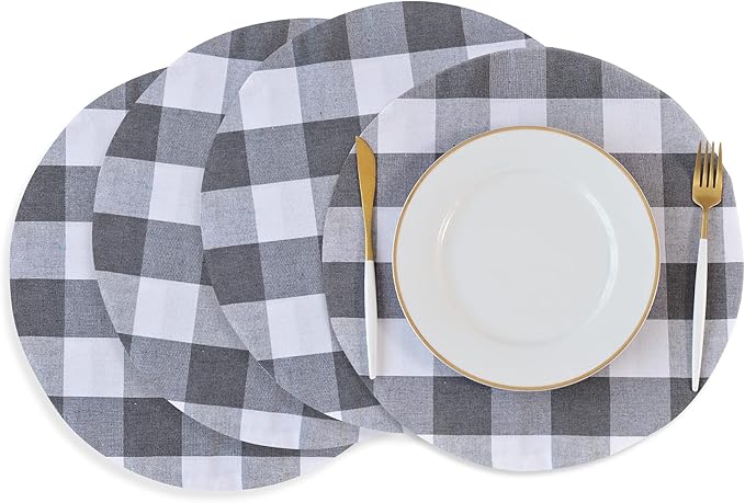 Grey & White Cotton Buffalo Check Round Placemat, Set of 4, 15 Inch eco-Friendly Fabric Handcrafted Machine Washable Indoor & Outdoor Tablemat