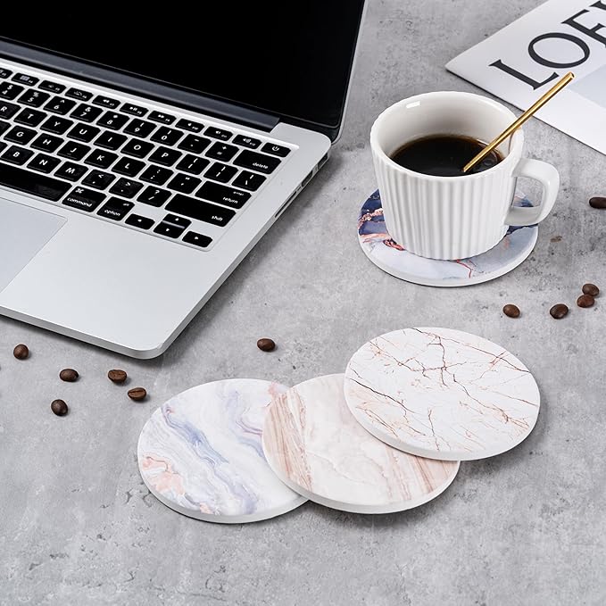 Hoewina 6Pcs Drink Coasters with Holder, Marble Style Ceramic Drink Coaster, Absorbent Coasters Set Suitable for Kinds of Cups, Modern Style Coasters for Coffee Table, 4 Inches(Blue Marble Style)