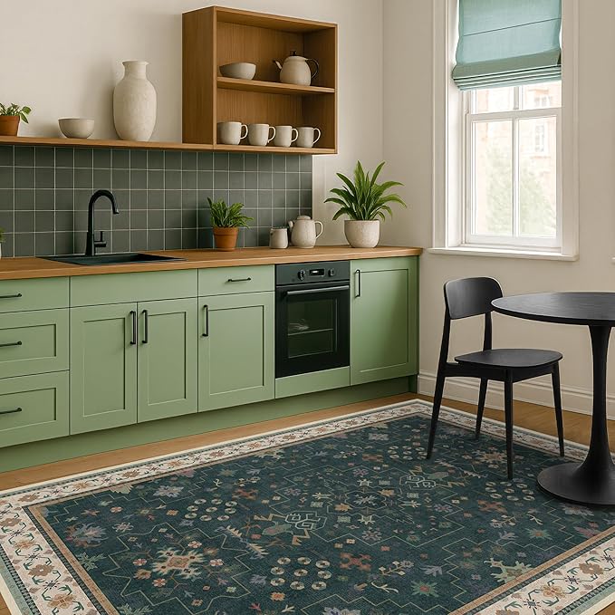 Vintage Dark Green 6x8 Dining Room Rugs for Under Kitchen Table - Washable Livinig Room Rug - Unique Floral Pastel Low Pile Non-Slip Area Rugs for Bedroom