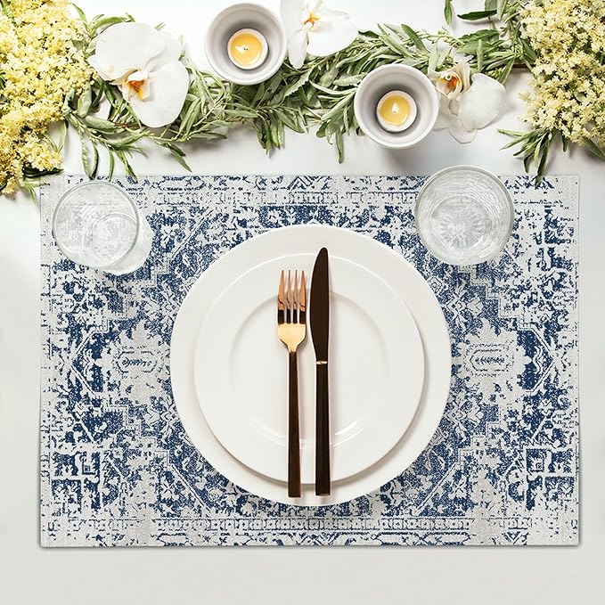 Navy Blue Gray Boho Placemats Set of 4 Ethnic Bohemian Carpet Place Mats Washable Kitchen Dining Vintage Grey Geography Floral Linen Table Mats Stain Heat-Resistant for Home Party Indoor 12x18 in