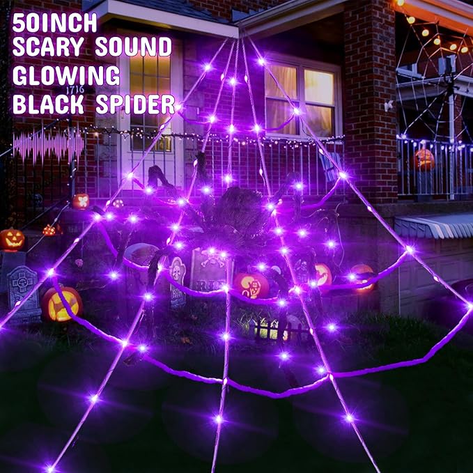 5Ft Giant Lighting Halloween Spider 20 * 17FT Spider Web 250 Led Lights Light Up Purple&Orange Triangular Battery Operated 200sqft Cobweb 20 Small Spiders for Indoor and Outdoor Decor Decoration