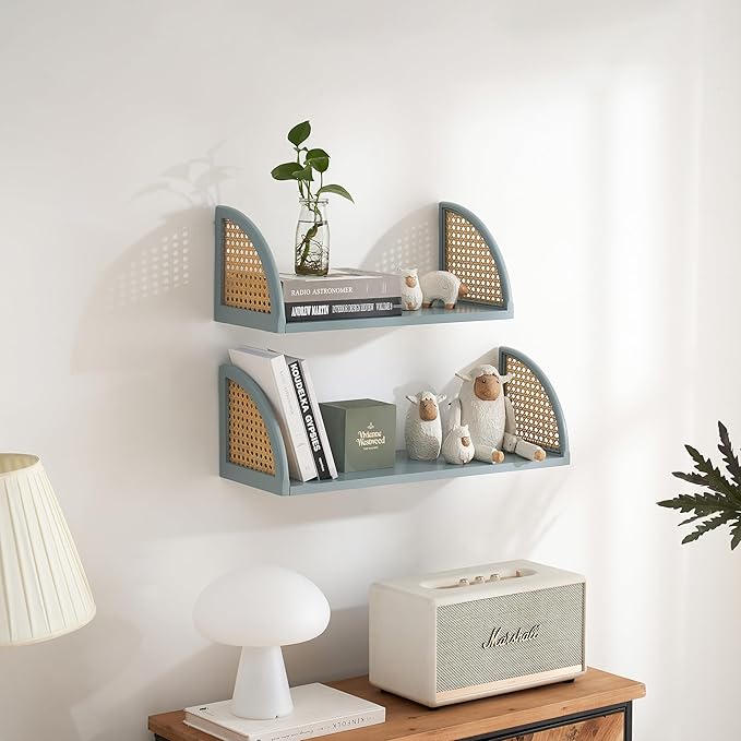 Rattan Wall Shelf 16 inch Floating Shelves Rustic Wood Wall Mounted Storage Shelves for Living Room Bathroom Kitchen Boho Wall Decor,Blue
