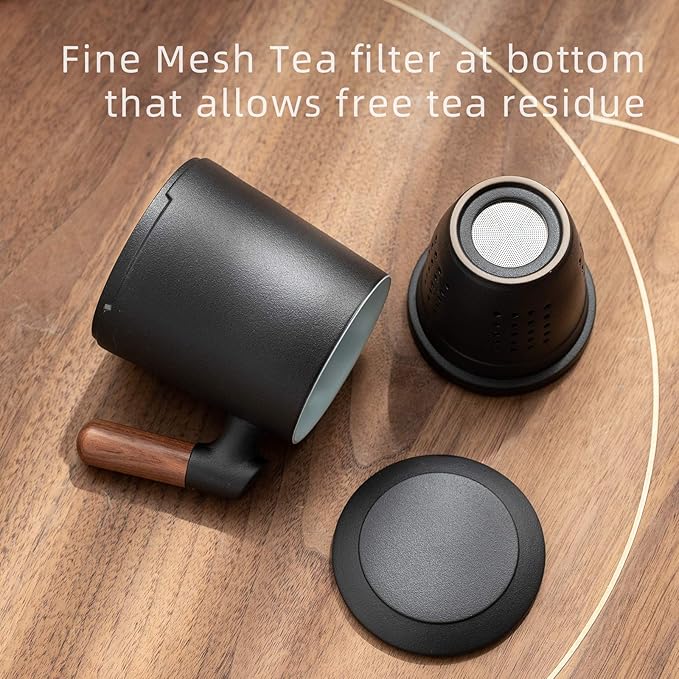 ZENS Tea Cup with Infuser and Lid for Loose Leaf Tea Steeper, 12oz Black Tea Mug with Fine Tea Strainers for Hot Tea Diffusers, Wood Handle Ceramic Tea Mugs Accessories for Tea Lovers Gifts