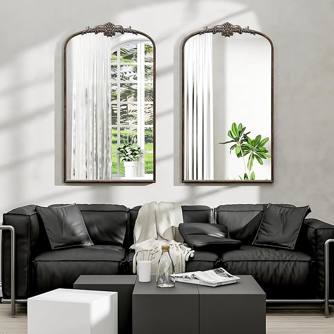 Antique Baroque Arched Mirror: 24"x42" Black Vintage Wall Mounted Mirror - Traditional Ornate Metal Frame - Ideal for Entryway/Living Room/Hallway/Bathroom