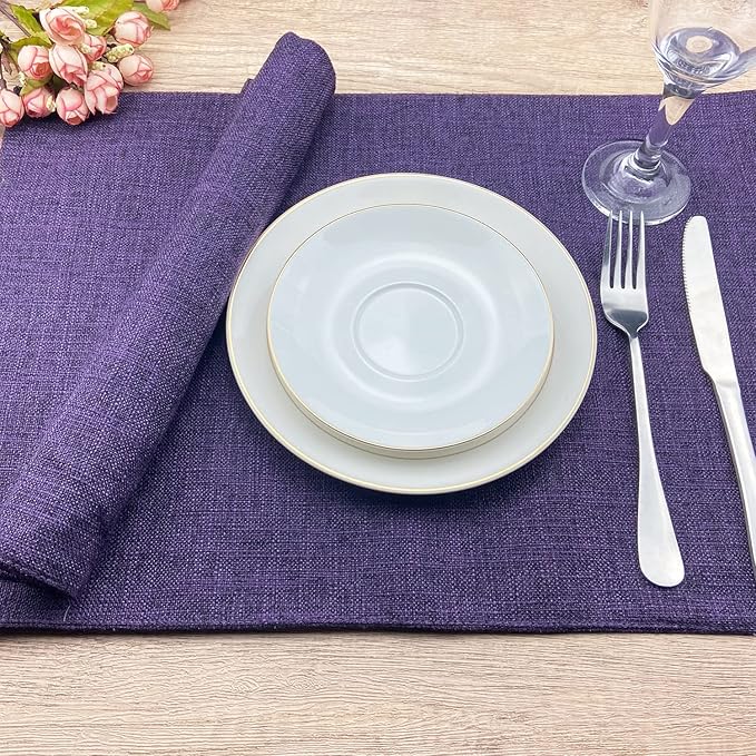 Weabetfu Cloth Placemats Set of 4 Heat Resistant Dining Table Placemmats Cotton Linen Machine Washable Kitchen Table Mats Wrinkle Free Thick Fabric Place Mat,Easy to Clean,13"x19" Purple
