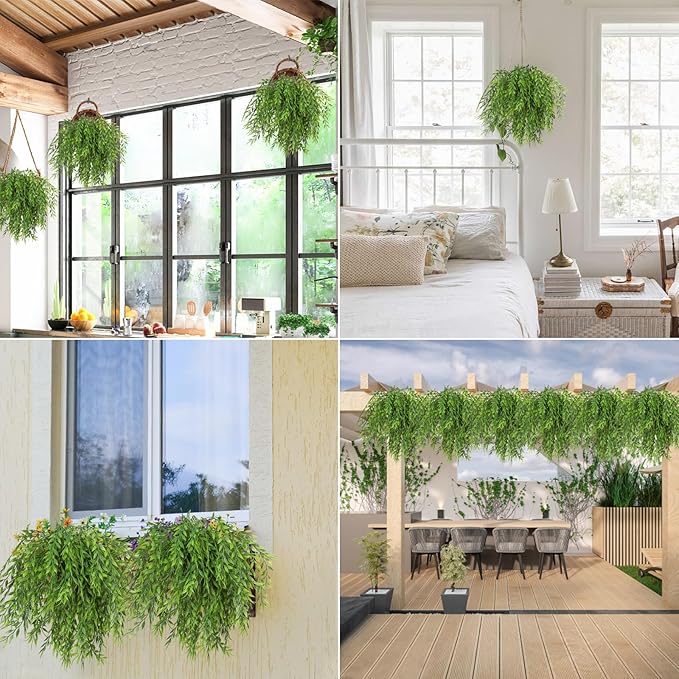 Artificial Weeping Willow 6Pcs, Plastic Plants Greenery Leaves Twig Fake Hanging Vine Faux Ivy Garland UV Resistant for Indoor Outdoor Home Garden Wall Baskets Wedding Party Table Planter Filler Decor