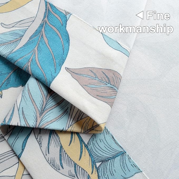 Leeva Printed Window Curtain Set of 2, Lake Blue Leaves Pattern Window Treatment for Living Room, Grommet Room Darkening Curtains 63 Inches Long, 52 x 63