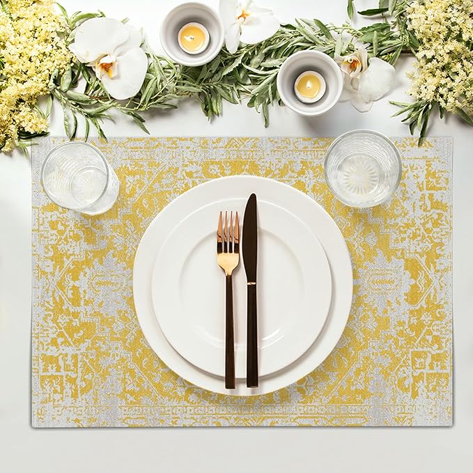 Gray Yellow Boho Placemats Set of 4 Ethnic Bohemian Carpet Place Mats Washable Kitchen Dining Vintage Grey Geography Floral Linen Table Mats Stain Heat-Resistant Cloth Tabel for Home Party 12x18 in