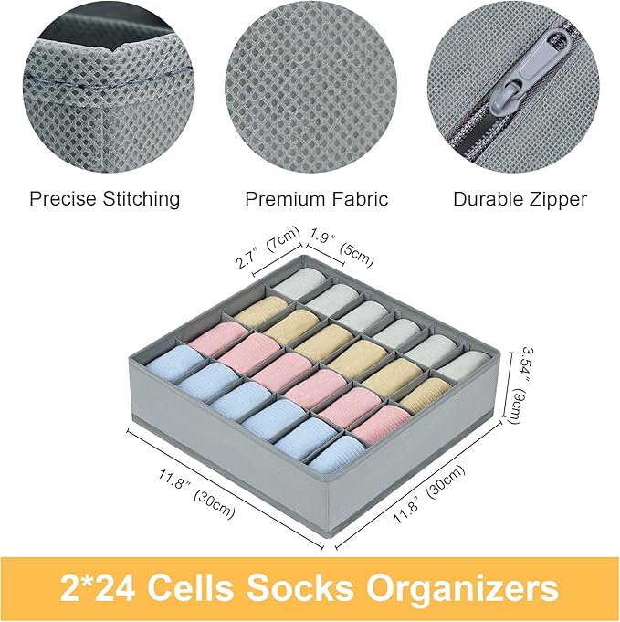 Joyoldelf Sock Drawer Organizer Divider 2 Packs Underwear Organizer, 24 Cell Closet Organizers and Storage Organizer Sock Holders Organizers for Storing Socks, Handkerchiefs, Ties, Belts (Grey)