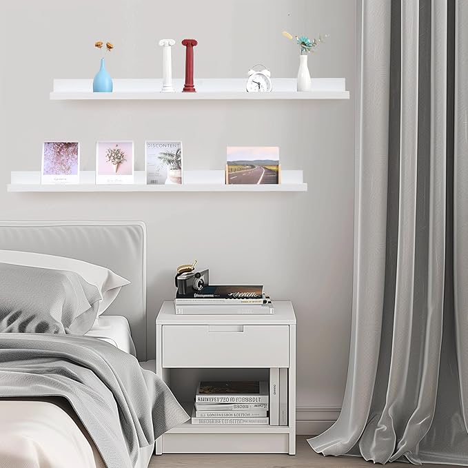 Muzilife 45.3" Large Floating Wall Ledge Shelves with Lip - Set of 2 Wood Floating Shelves - White Wall Mounted Picture Ledge for Office, Bathroom, Bedroom, Living Room, Kitchen