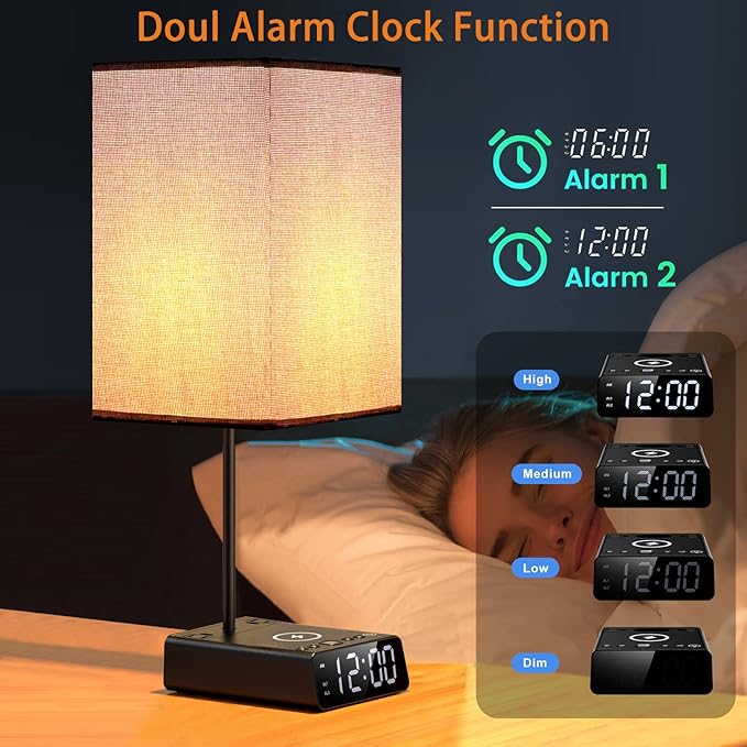 Bedside Lamp with USB Ports & AC Outlets, 15W Wireless Charger Table Lamp with Clock, 3 Way Dimmable Nightstand Lamps for Bedroom Living Room,Touch Lamp with Charging Station,Grey Shade & Black Base
