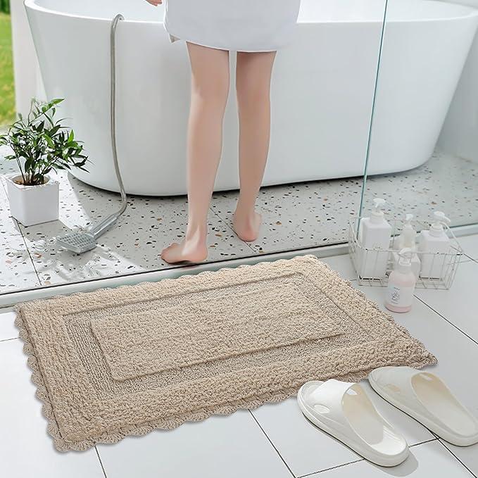Cotton Crochet Bathmat with Antiskid 21x34 Linen, 100% Pure Cotton, Super Soft White, Plush & Absorbent, Hand Tufted Heavy Weight Construction, Full Reversible Step Out Rugs