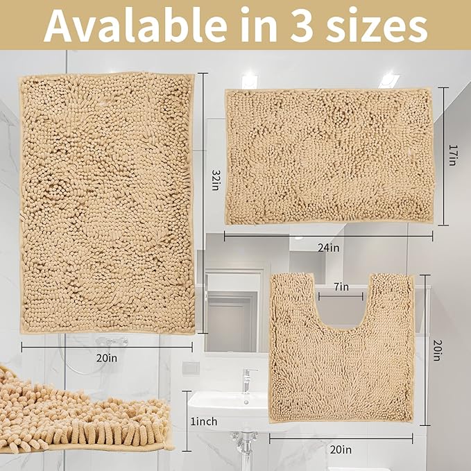 ZiYiJuan Bathroom Rugs, Super Absorbent Luxury Shaggy Chenille Bath Mats,Beige 20x20_17x24_20x32