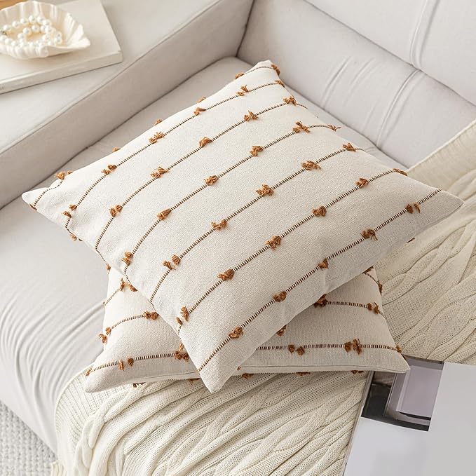 Boho Throw Pillow Covers 24x24 Set of 2 Modern Farmhouse Decorative Cushion Case Tufted Square Pillows Cover Neutral Pillow Cases Accent Pillowcase for Sofa,Couch,Bed,Beige and Brown