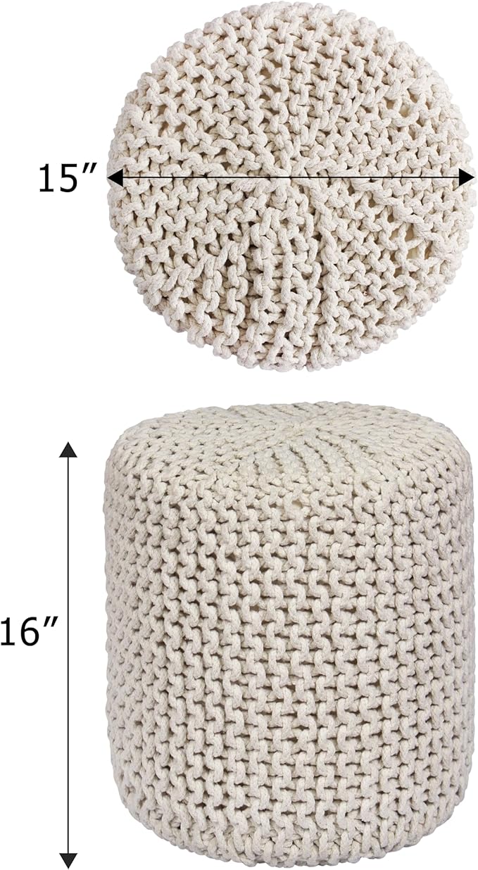 COTTON CRAFT Braided Round Pouf - Hand Knitted Cotton Cord Cable Dori Cylindrical Ottoman - Foot Stool - Floor Pouf - Footrest - Accent Seat - Living Room Bedroom Dorm Décor - 15 Round x 16 H - Ivory