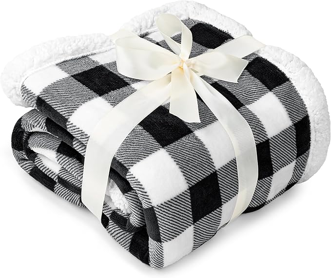 Pavilia Black & White Buffalo Plaid Sherpa Bed Blanket - King, Plush Checkered Fleece & Flannel, Warm Winter Blanket for Couch & Sofa, 90x108
