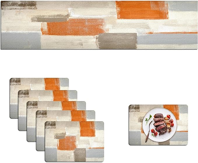 Mcalk Farmhouse Orange Table Runner and Placemats Set of 6 Pieces, Brown Placemats Modern Art,Grey Abstract Art Cloth Place Mats Indoor for Kitchen,Linen Material for Dining Table