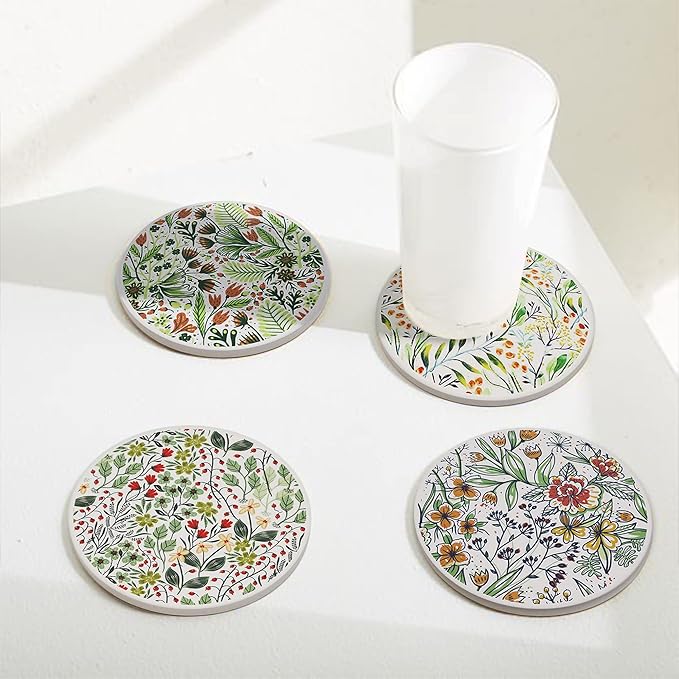 AD Set of 6 Coasters for Drinks Absorbing Round Ceramic Stone Coaster with Cork Base Tabletop Protection Mat for Mugs and Cups,Office,Kitchen (Bontanicals with Holder)