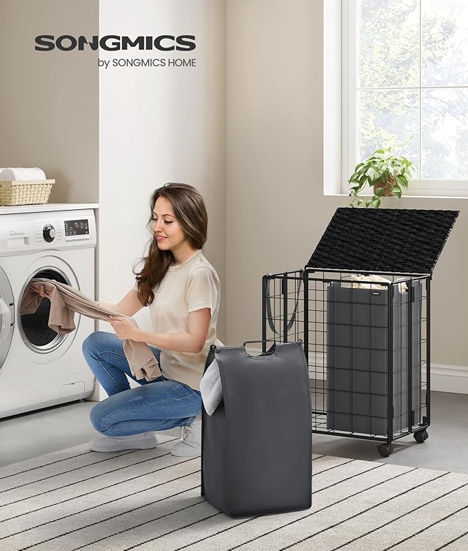 SONGMICS Laundry Hamper, 110L Laundry Basket with Lid, Clothes Hamper with Wheels, Collapsible Removable Liner Bag, Iron-Made Laundry Sorter, Ink Black and Slate Gray ULCB211B11