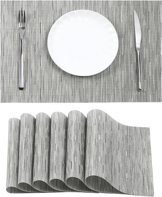 Leetaltree Silver Placemats Set of 6 - Heat Resistant Non-Slip Place mats for Dining Table, Washable Durable PVC Vinyl Woven Table Mats(Silver, 6)