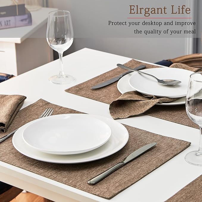 Mebakuk Cloth Placemats, Machine Washable Linen Style Thick Place Mats, Heat Resistant and Easy to Clean Fabric Table Mats for Kitchen Dining Table (Flaxen, Set of 6)