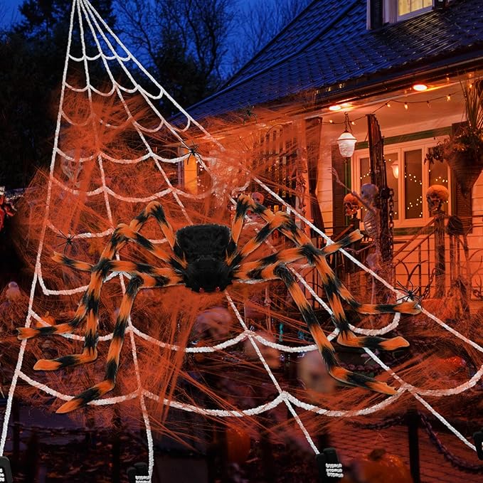 Halloween Spider Web and Giant Spiders Decorations Set Triangle Spider Web & Realistic Scary Fake Large Hairy Yellow Spider Props for Indoor/Outdoor Porch & Yard Parties Haunted House Halloween Décor