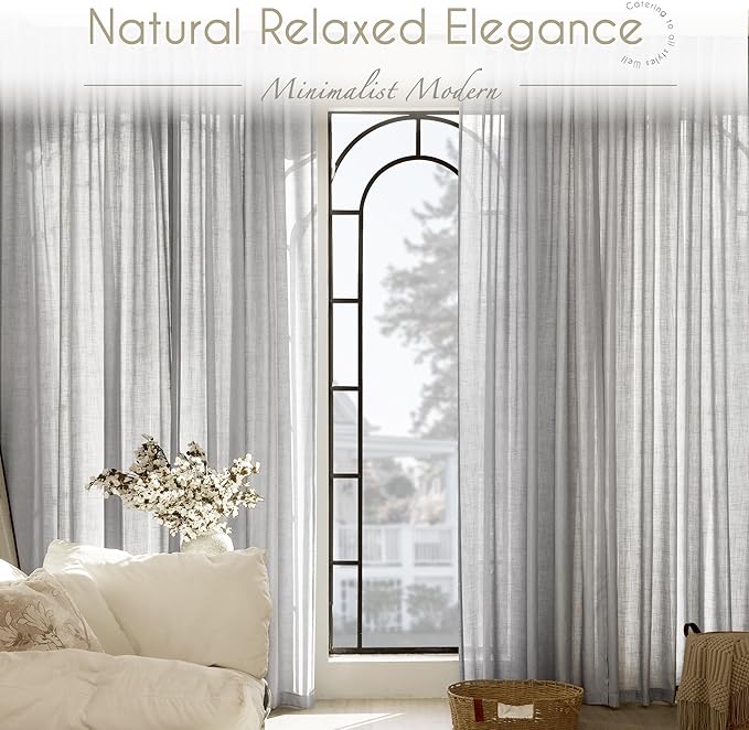 Linen Blend Grey Curtains for Living Room Back Tab Modern Farmhouse Semi Sheer Light Gray Curtains 90 inches Long 2 Panels Set Muted Neutral Cotton Texture Window Curtain for Dining Room Bedroom
