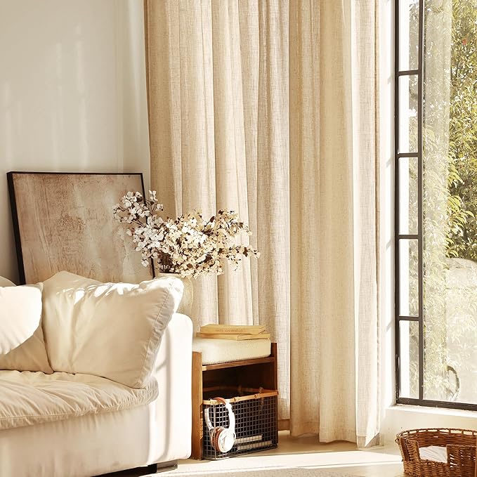 Tan Linen Curtains 108 inches Long for Living Room Back Tab Rustic Farmhouse Semi Sheer Light Filtering Window Curtain Dining Room Soft Thick Flax Linen Textured Drapes Kahki 52x108