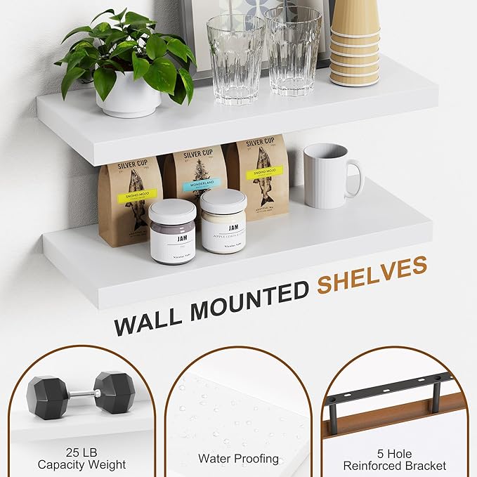 Bellsal Floating Shelves for Wall, White Engineered Wood Wall Shelf Set of 2, 24" Wall Mounted Floating Shelf for Kitchen, Living Room, Bedroom, Bathroom Storage, Book Shelf for Home Decor