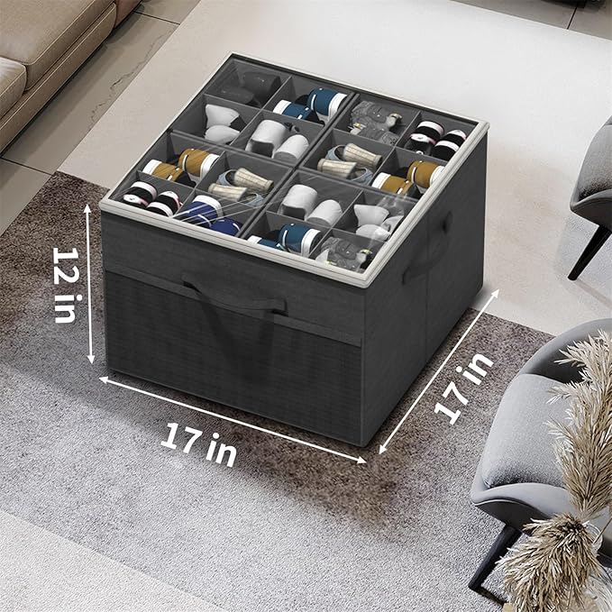 Aokeyee Shoe Organizer for Closet,2 Pack Foldable Shoe Storage Organizer Box Bin with Adjustable Dividers and Clear Cover, Fits up to 16-32 Pairs, (Black)