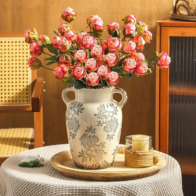 Enra Vintage vase with Handle,9.4 inch Blue and White Ceramic Decorative Flower vase, Chinoiserie Floral Vase,Large Rustic Vases for Home Decors, Living Room, Bookshelf, Office