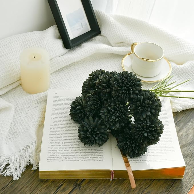 Mandy's Black Artificial Ball Chrysanthemum 12 Stems Faux Flowers with Bendable Stems for DIY Wedding Centerpiece Fall Decor Home Arrangements