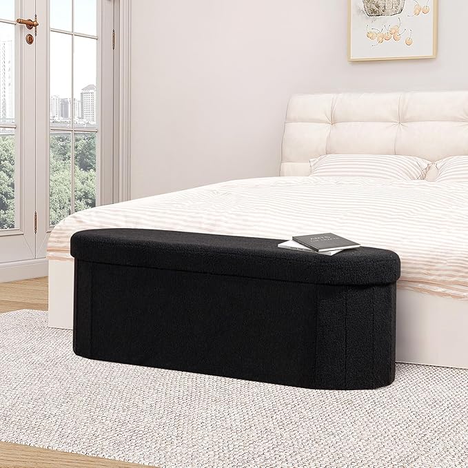 B FSOBEIIALEO Ottoman with Storage for Living Room, Sherpa Folding Storage Ottoman Foot Rest, 43.3 Inches Collapsible Bedroom Bench Black