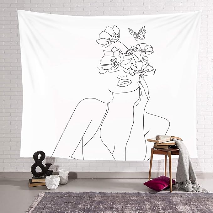 Miytal Art Line Aesthetic Tapestry, Simple Women with Flower Butterfly Wall Hanging, Modern Minimalist Abstract Creative Sketch Wall Décor for Dorm Bedroom Office – 51.2" x 59.1”