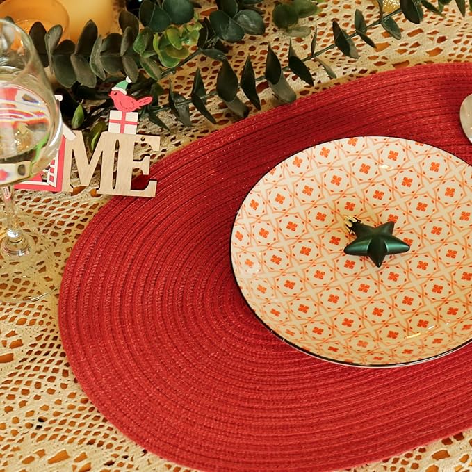 Noctiflorous Oval Braided Placemats Set of 6 Woven 12x18 Inch Non Slip Washable Heat Resistant Place Mats Round Tablemats for Dining Kitchen Party Daily Table Decor Dinner Mats (05 Red Shine, 6)