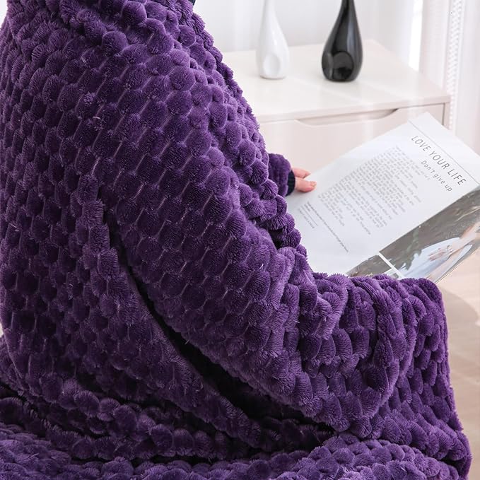 Puncuntex Deep Purple Throw Blanket 90"×90" inches Fuzzy 3D Jacquard Decorative Flannel Fleece Super Soft Plush Cozy Blanket for Couch Sofa Chair Lightweight
